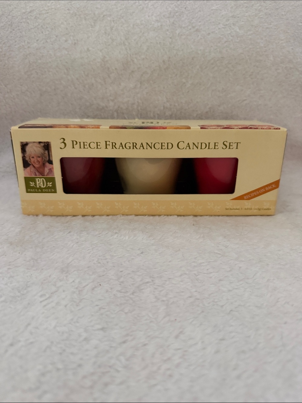 NIP Paula Deen 3-Piece Fragranced Candle Set - Red & Cream